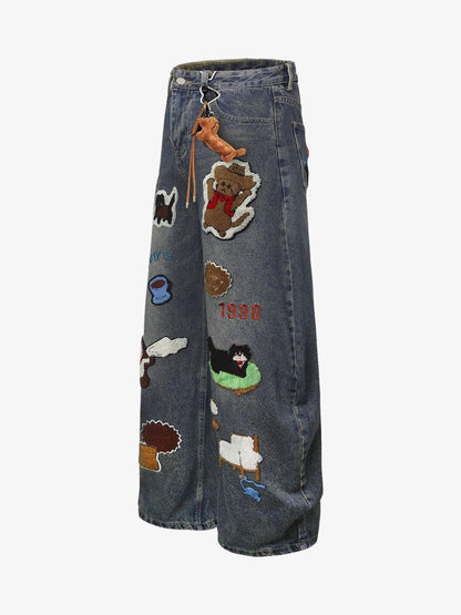 Retro Cartoon Graphic Heavy Embroidery Denim Jeans 