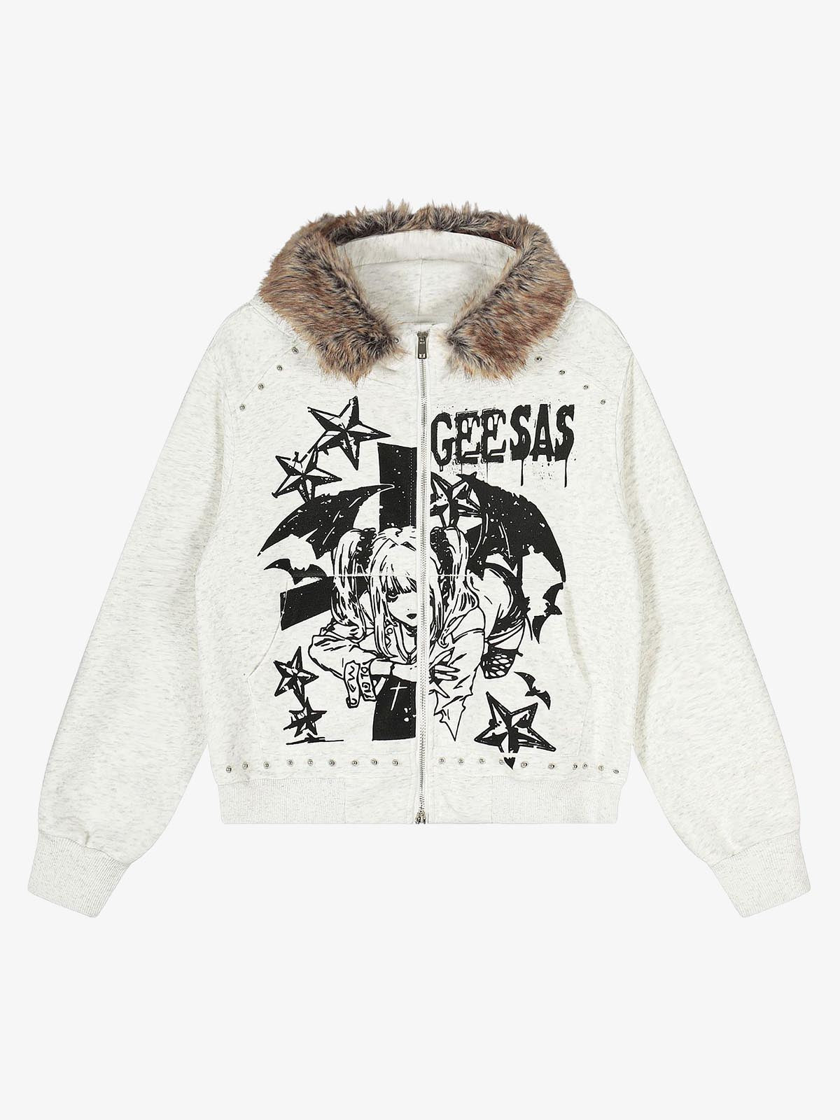 Retro Fur Collar Cartoon Pattern Zipper Hooded Sweatshirt 