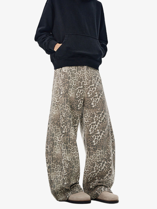 Street Leopard Camouflage Pleated Barrel Jeans