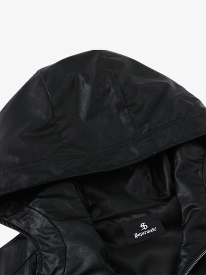 Boxy Hooded PU Leather Racing Jacket 