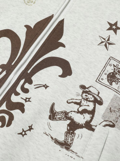 Street Retro Cat Graffiti Hooded Zipper Sweatshirt 