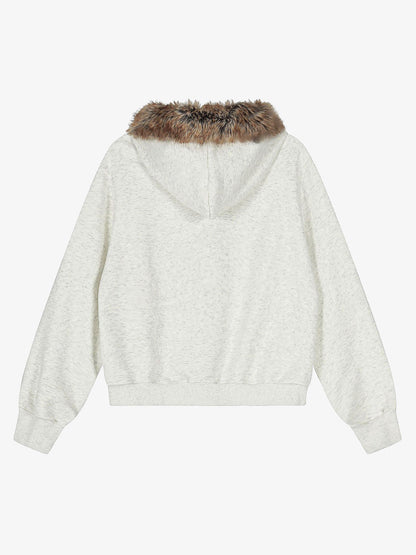 Retro Fur Collar Cartoon Pattern Zipper Hooded Sweatshirt 
