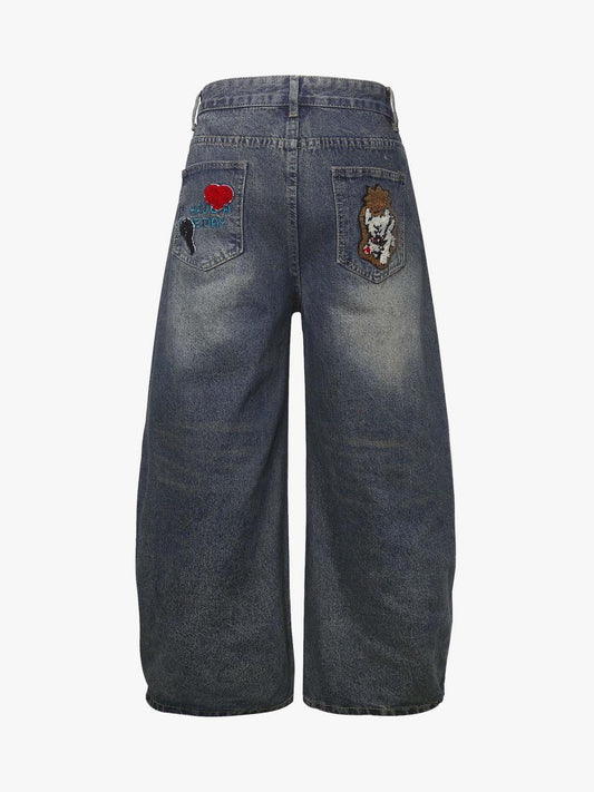 Retro Cartoon Graphic Heavy Embroidery Denim Jeans 