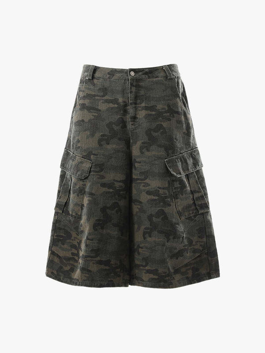 Vintage Washed Camouflage Machete Wide Leg Cargo Shorts 