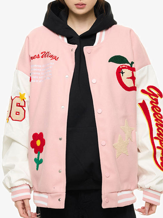 Apple Flocking Embroidered Baseball Jacket 