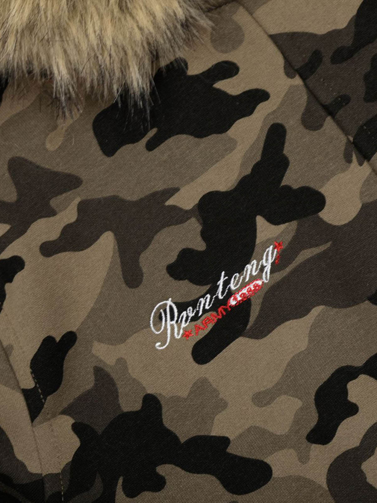 Camouflage Embroidery Patchwork Cardigan Fur Collar Hooded Sweatshirt 