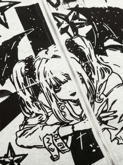 Retro Fur Collar Cartoon Pattern Zipper Hooded Sweatshirt 