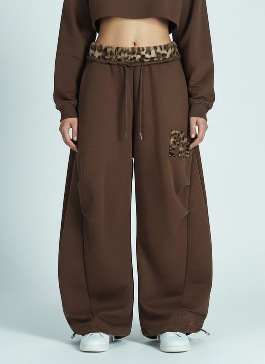 Retro Double-Waist Leopard Patch Barrel Pants