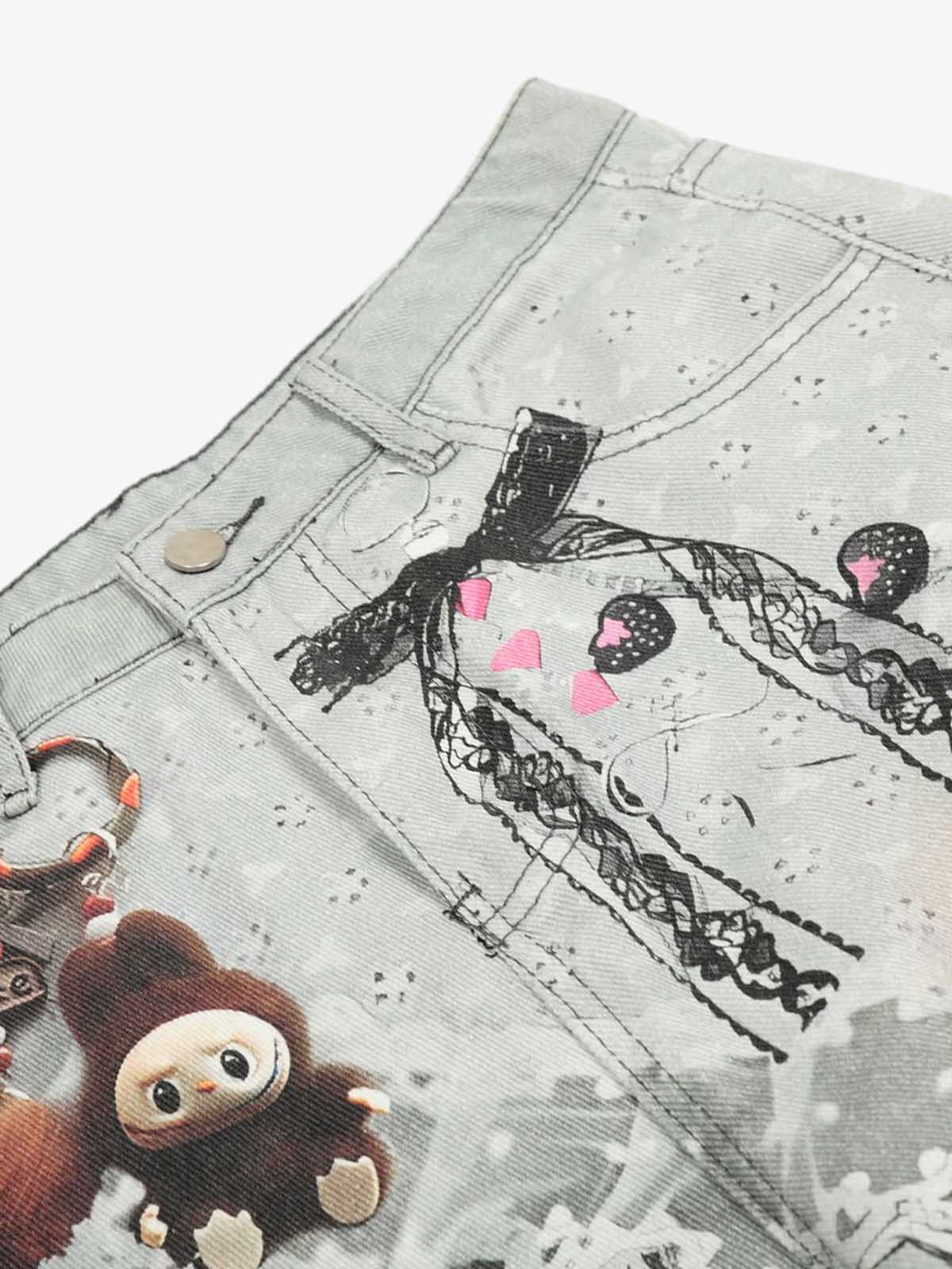 Retro 3D Fun Doll Print Washed Wide-Leg Jeans 