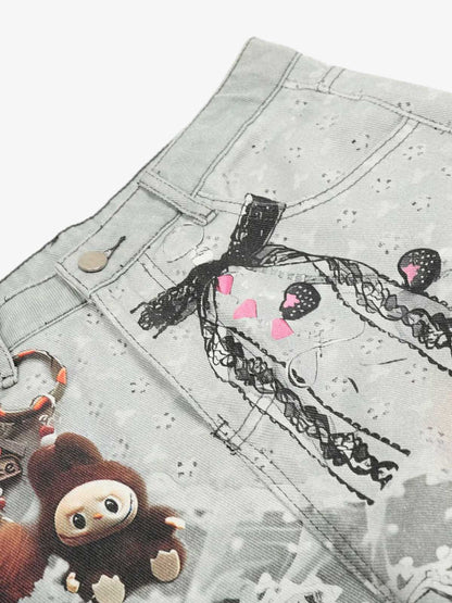 Retro 3D Fun Doll Print Washed Wide-Leg Jeans 
