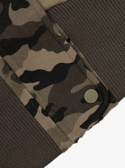 Camouflage Embroidery Patchwork Cardigan Fur Collar Hooded Sweatshirt 