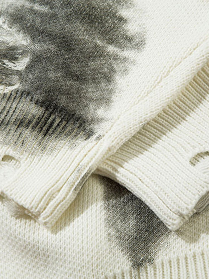 Chain Jacquard Spray-Painted Hole Round Neck Sweater 