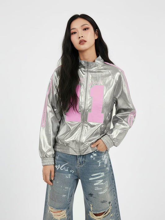 Number 11 Reflective Metallic Leather Track Jacket 