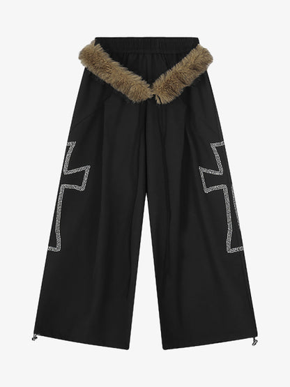 Detachable Fur Collar Drawstring Wide-Leg Pants 