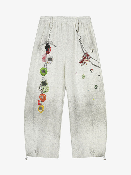 Retro Washed Creative Printed Barrel Pants 