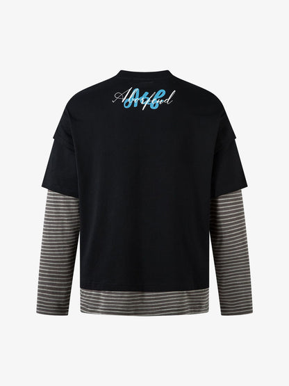 Art Letter Print Stripe Layered Long Sleeve T-Shirt 
