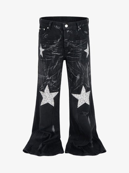 Heavily Washed Star Diamond Flared Jeans 