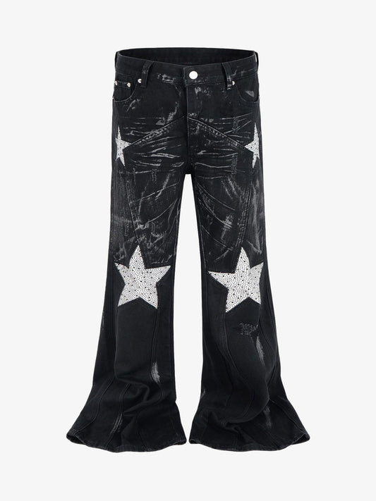 Heavily Washed Star Diamond Flared Jeans 