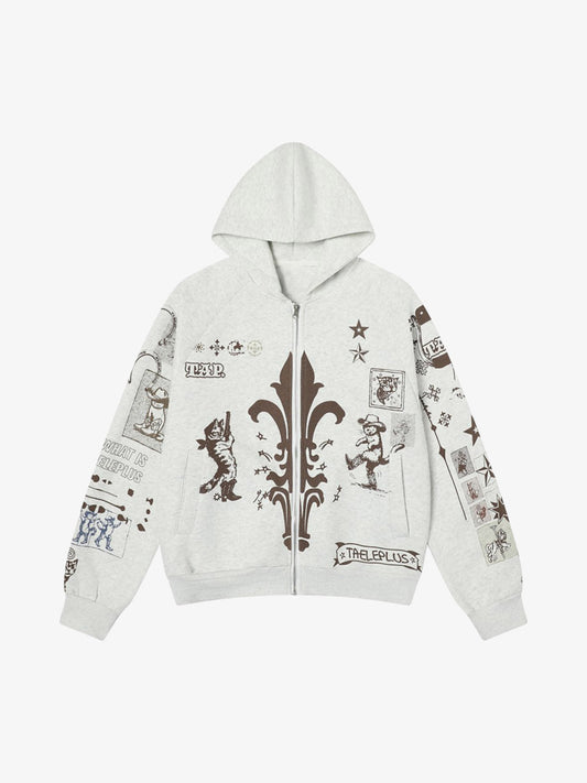 Street Retro Cat Graffiti Hooded Zipper Sweatshirt 