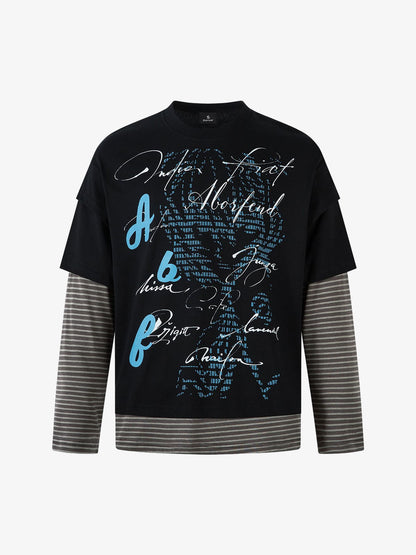 Art Letter Print Stripe Layered Long Sleeve T-Shirt 