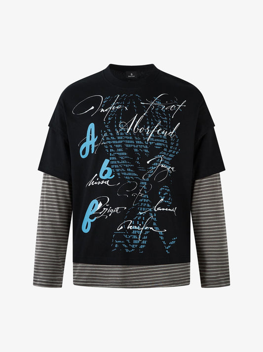 Art Letter Print Stripe Layered Long Sleeve T-Shirt 