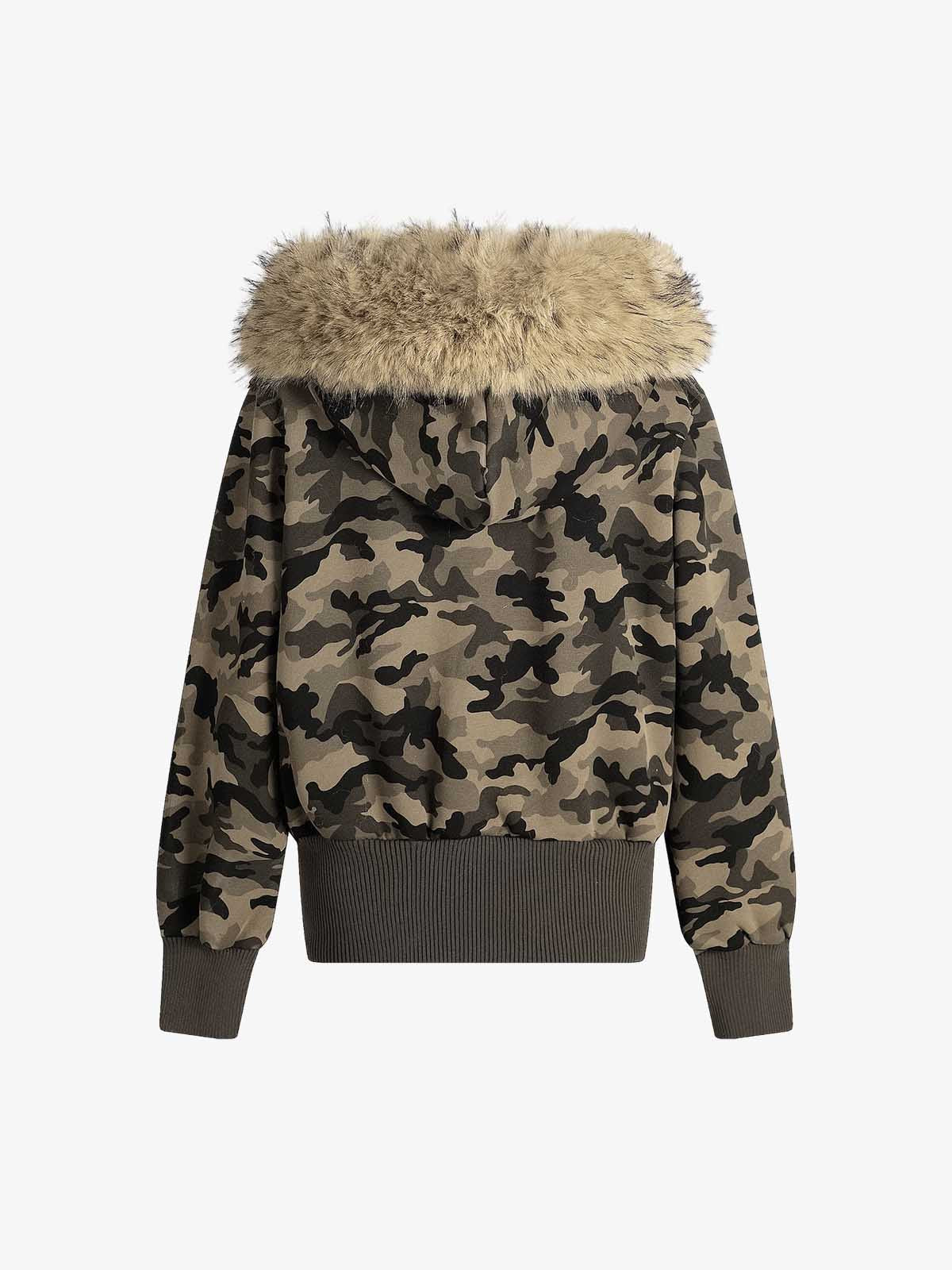 Camouflage Embroidery Patchwork Cardigan Fur Collar Hooded Sweatshirt 