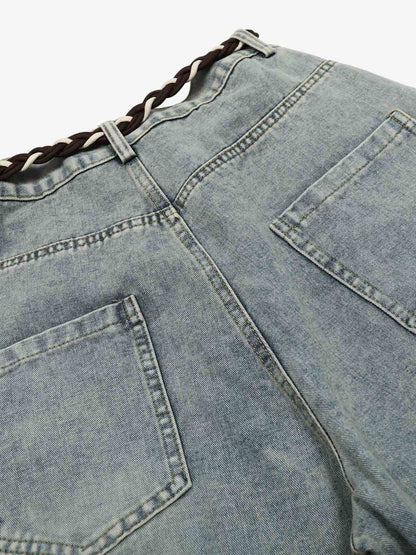 Retro Patchwork Belt Decorated Scimitar Jeans 