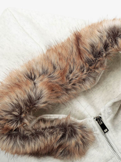 Retro Fur Collar Cartoon Pattern Zipper Hooded Sweatshirt 
