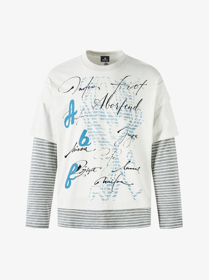 Art Letter Print Stripe Layered Long Sleeve T-Shirt 