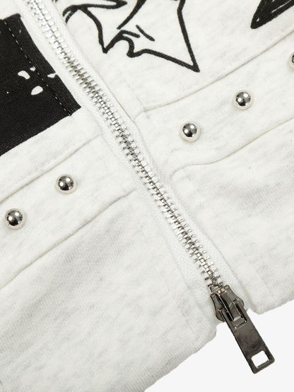 Retro Fur Collar Cartoon Pattern Zipper Hooded Sweatshirt 