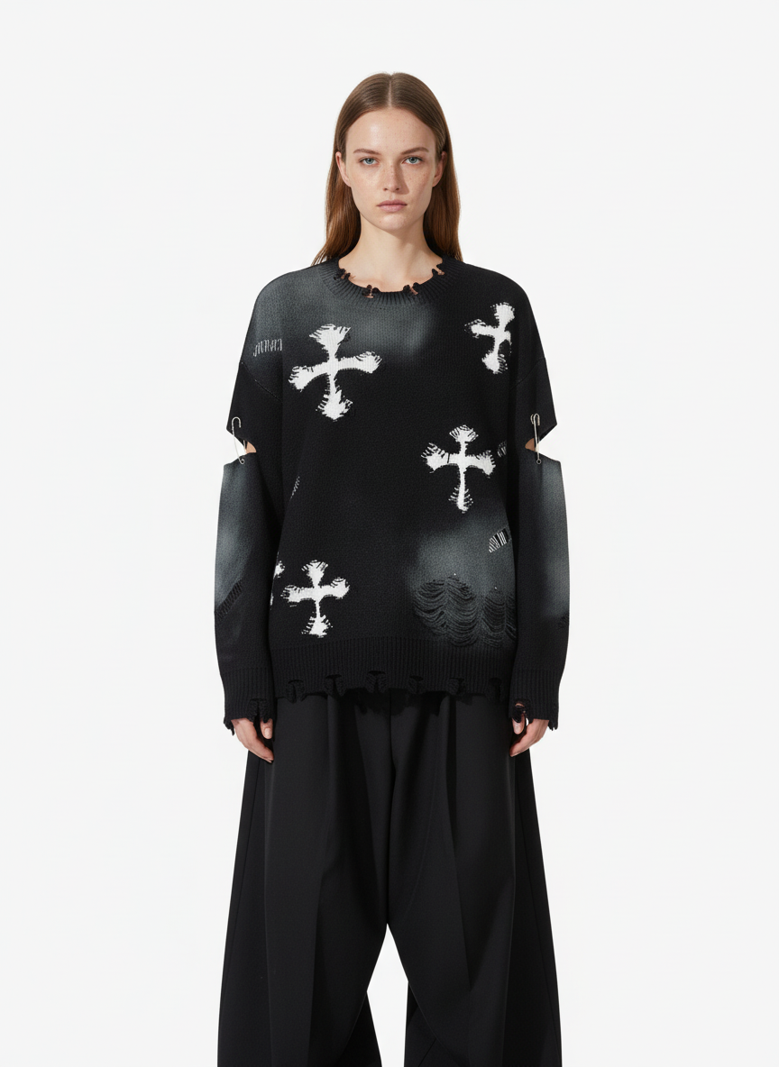 Vintage Spray-Painted Cross Hole Knit Sweater