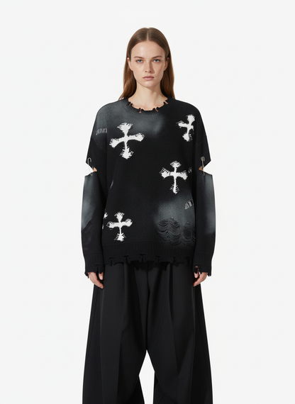 Vintage Spray-Painted Cross Hole Knit Sweater