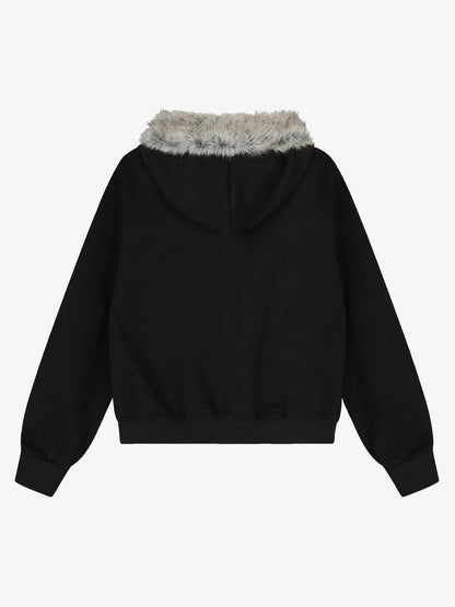 Retro Fur Collar Cartoon Pattern Zipper Hooded Sweatshirt 