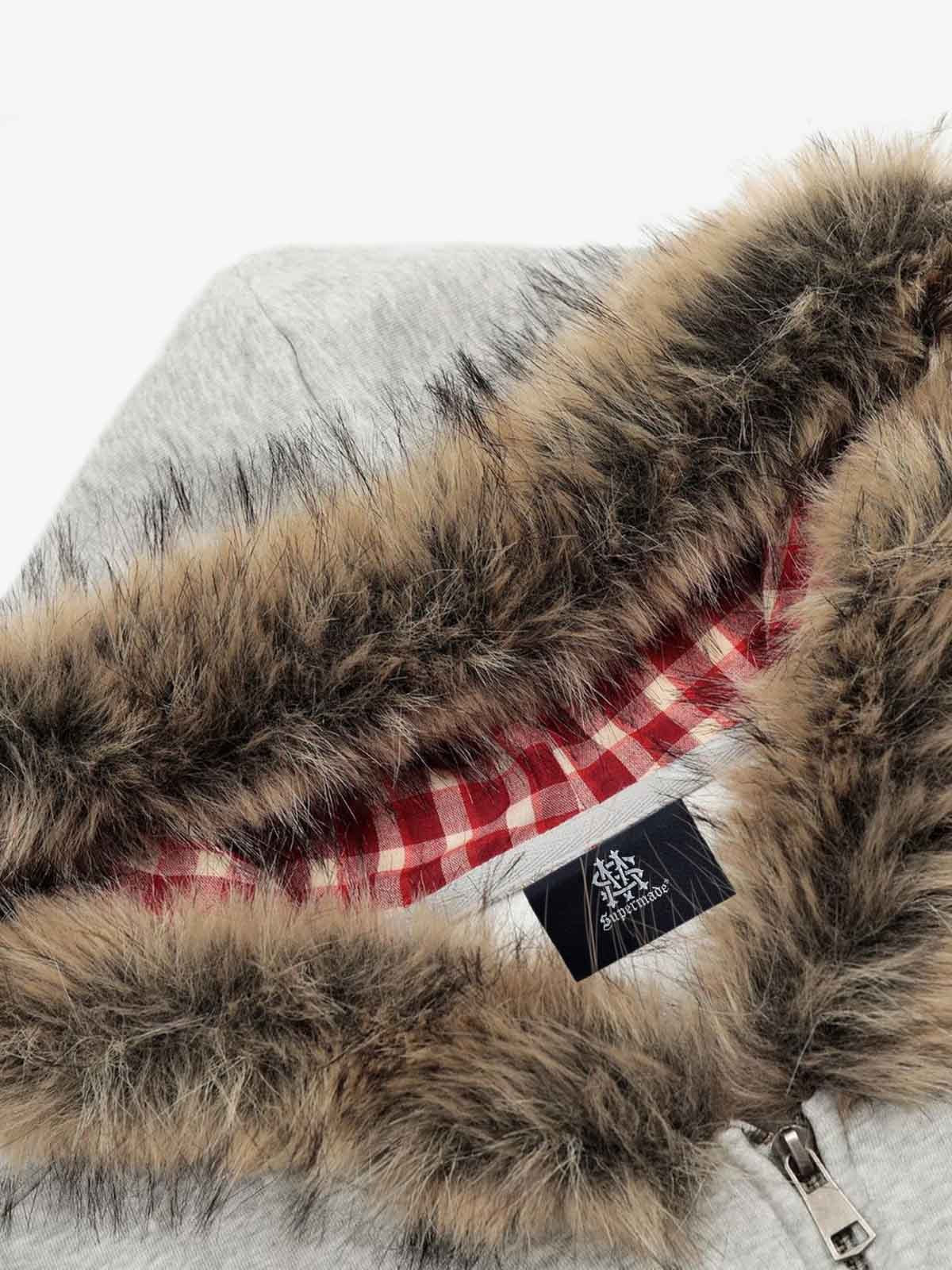 Thesupermade American Retro Gradient Letter Print Splicing Cardigan Fur Collar Coat