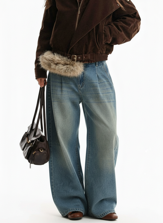 Vintage Light-Wash Pleated Barrel Jeans