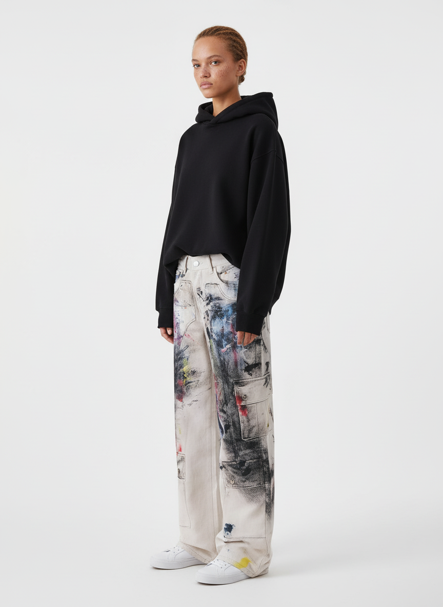 High Street Washed Distressed Inkjet Graffiti Jeans