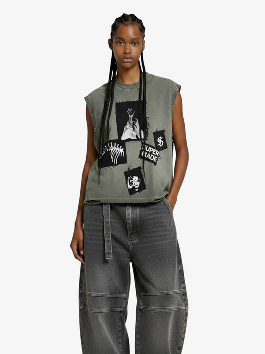 Ripped Graphic Patch Sleeveless Vest