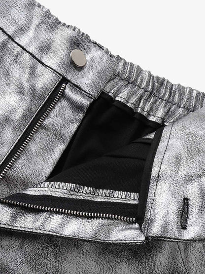 Retro Silver Loose Metallic Straight Pants 