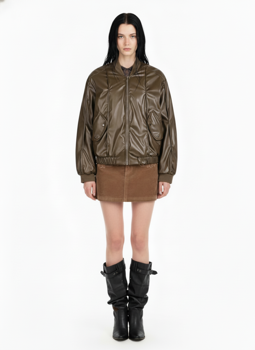 Retro Brown Faux Leather Zip-Up Bomber Jacket