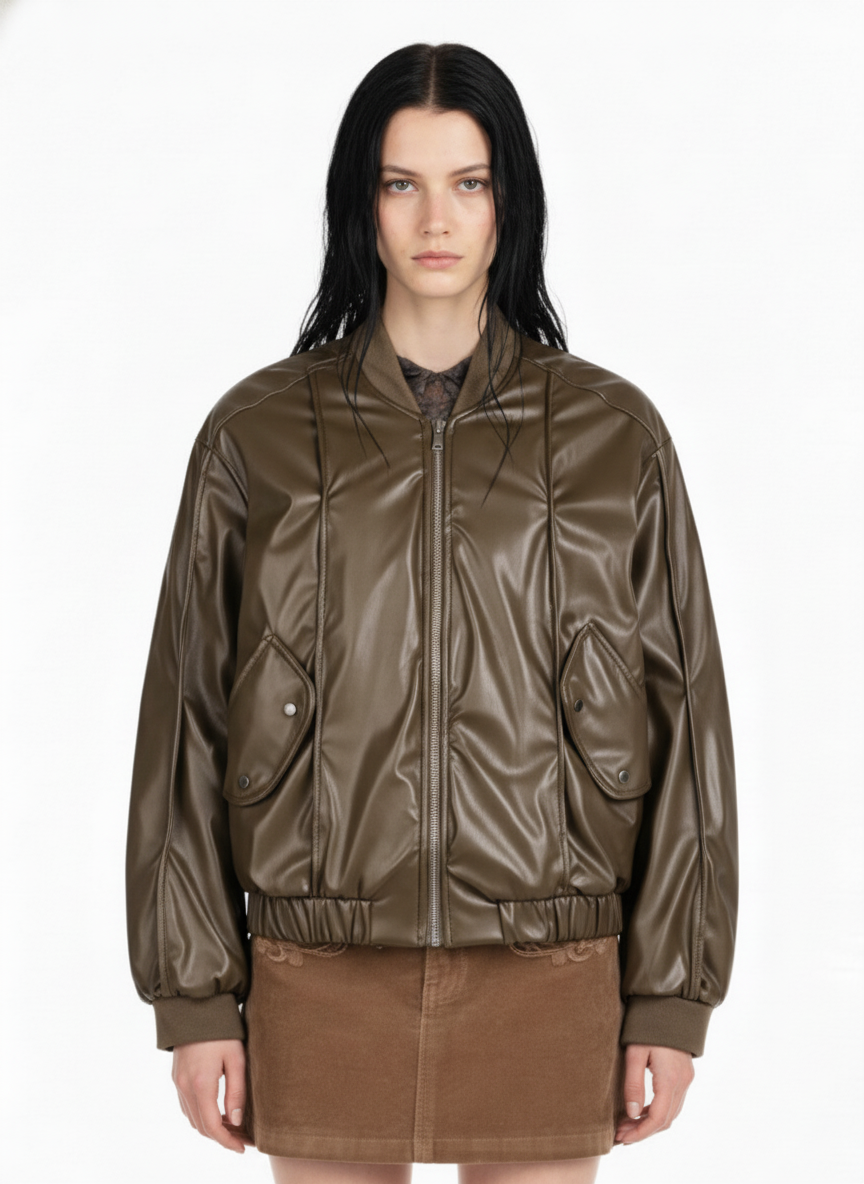 Retro Brown Faux Leather Zip-Up Bomber Jacket