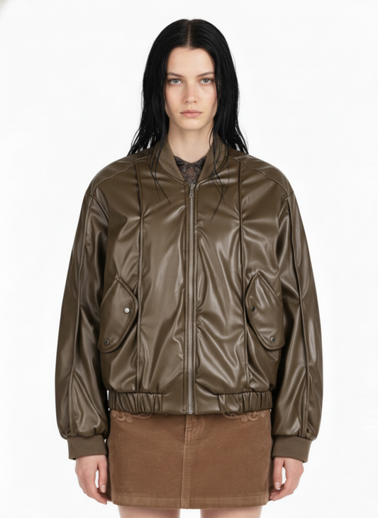 Retro Brown Faux Leather Zip-Up Bomber Jacket