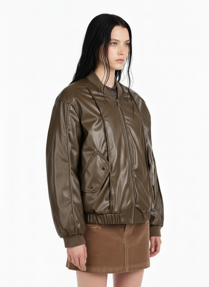 Retro Brown Faux Leather Zip-Up Bomber Jacket