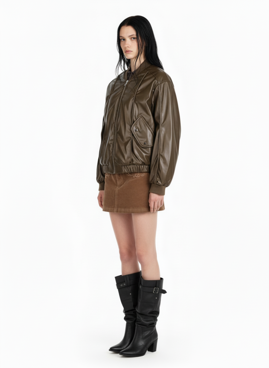 Retro Brown Faux Leather Zip-Up Bomber Jacket