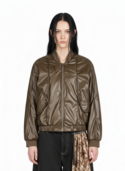 Retro Brown Faux Leather Zip-Up Bomber Jacket