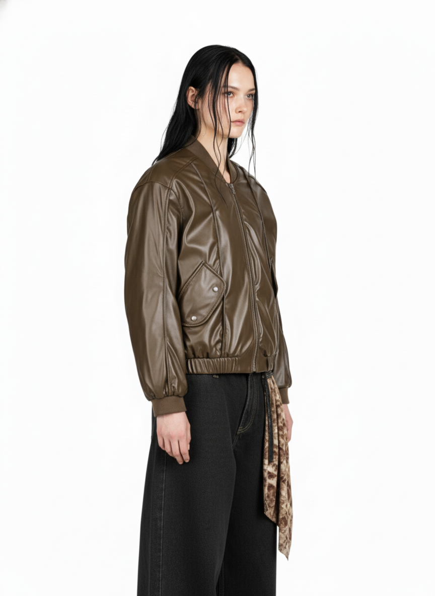 Retro Brown Faux Leather Zip-Up Bomber Jacket