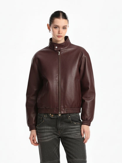 Retro Leather Stand-Collar Elastic Hem Jacket