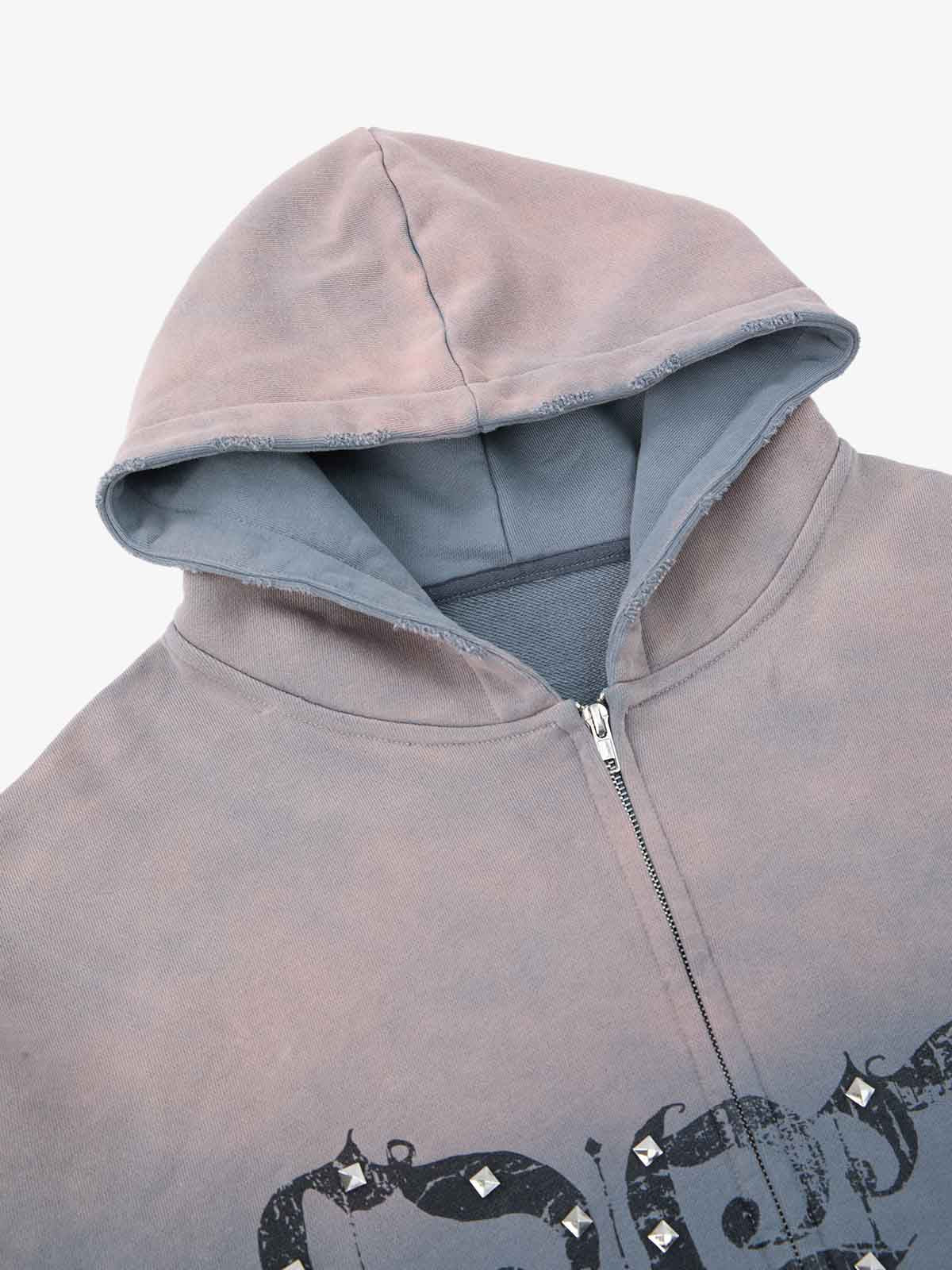 Supermade Vintage Distressed Studded Gothic Font Zipper Sweatshirt?