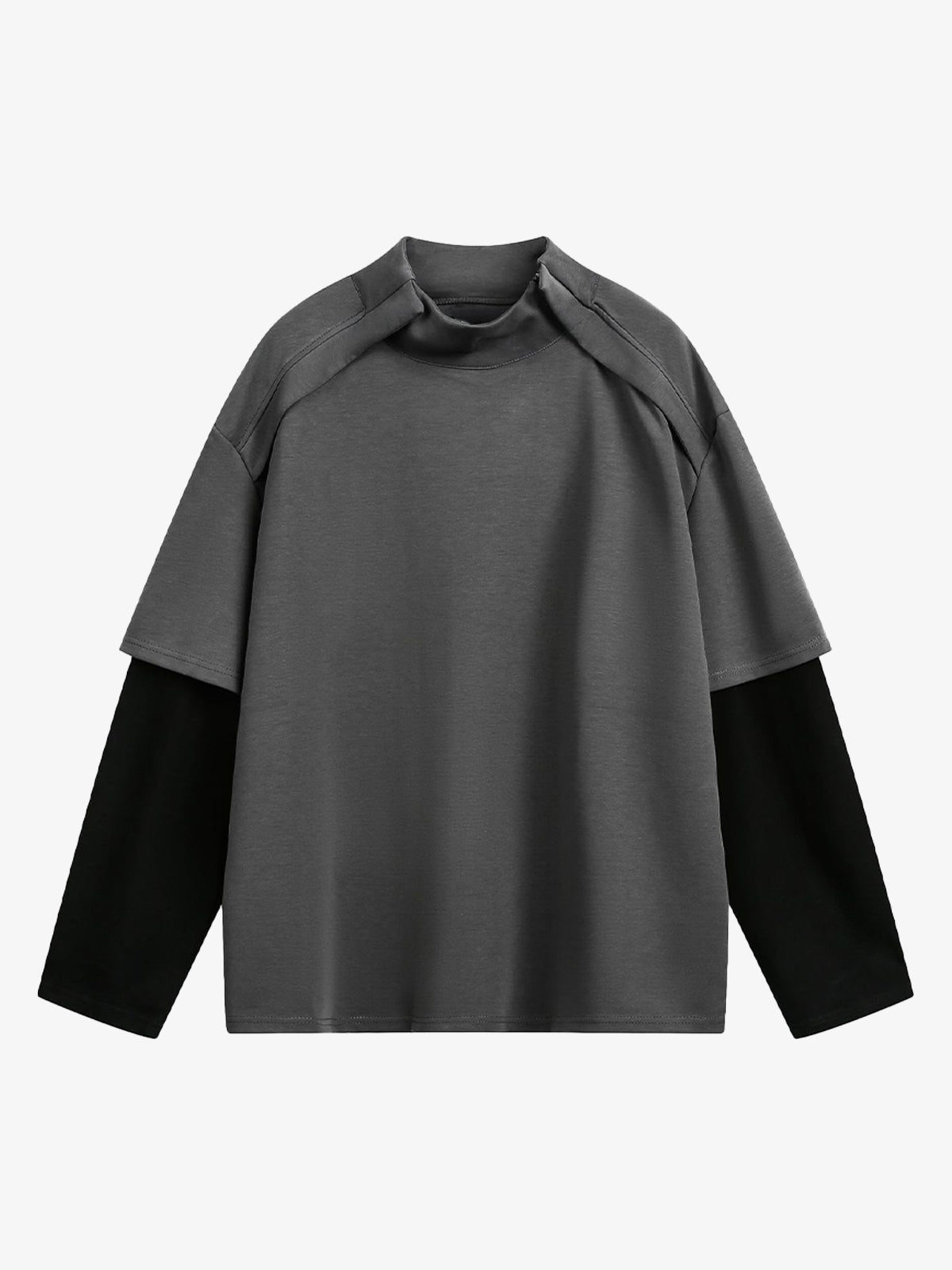 Performance Stretch Knit Long Sleeve T-Shirt with Mock Neck and Contrast Sleeves 