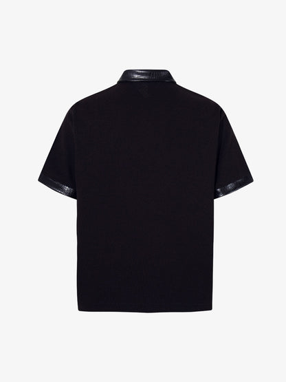 Cotton Blend Gothic Print Polo Shirt with Embroidered Quote and Leather Collar 