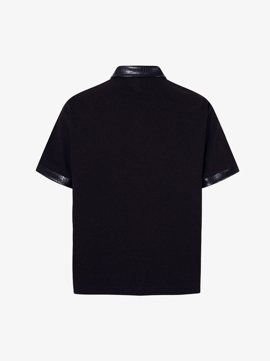 Cotton Blend Gothic Print Polo Shirt with Embroidered Quote and Leather Collar 